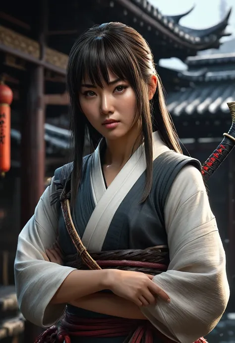 (high quality), (masterpiece), (detailed), 8K, Hyper-realistic portrayal of a assasin holding a sowrd (1girl1.2), Japanese character. Meticulous details bring the character to life in this visually stunning composition, showcasing the seamless blend of tra...