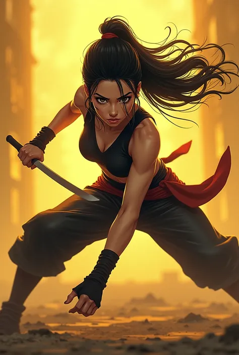 Full body, warrior, fighting, beautiful woman, light, high school student, front facing, dynamic, anime character, struggle, in the middle of a fight, top view, crouching, yellow, crouching with legs stretched out, ninja style
