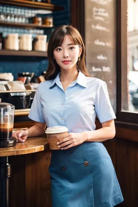 A beautiful girl is having a coffee in a vintage coffeeshop, professional light, wearing office dress, white shirt, blue skirt, A high resolution, perfect anatomy, one girl only, single girl, 1girl, solo, (advanced facial details), A high resolution, beaut...