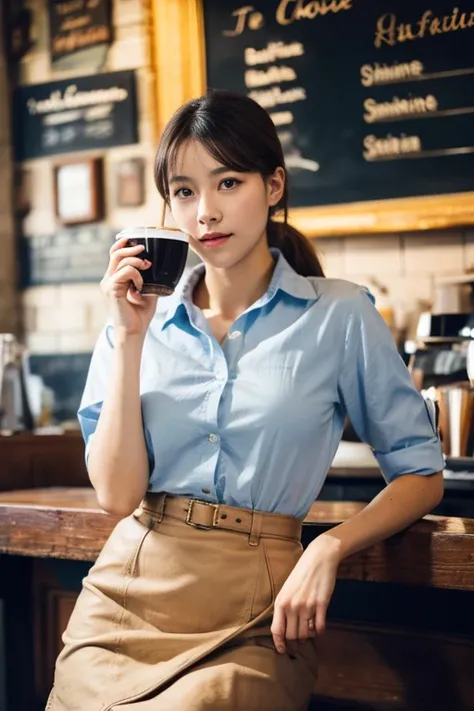 A beautiful girl is having a coffee in a vintage coffeeshop, professional light, wearing office dress, white shirt, blue skirt, A high resolution, perfect anatomy, one girl only, single girl, 1girl, solo, (advanced facial details), A high resolution, beaut...