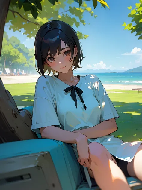  master piece, best quality, for below, cinematic angle, upper body , pigeon toed,  
Anime-style Moe illustration, yuri, summer vacation theme, 20-year-old, 2Girls, Beach,Tree Shade, short hair, 
Summer Casual, slightly inner thighs, smile, accurate drawin...