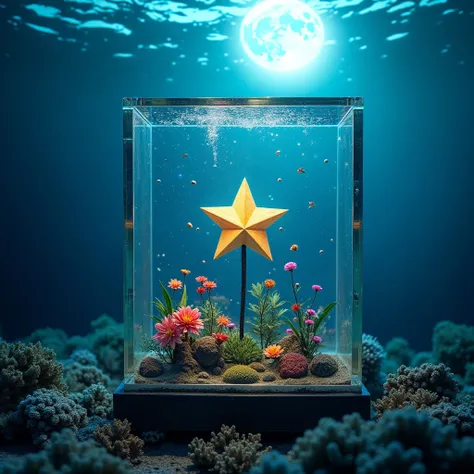 A glass box locking a star suspended underwater in a tropical ocean with flowers of various colors suspended around it, coral reefs, clear ocean, moonlight, neon, fog