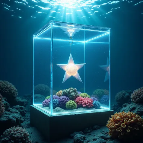 A glass box locking a star suspended underwater in a tropical ocean with flowers of various colors suspended around it, coral reefs, clear ocean, moonlight, neon, fog