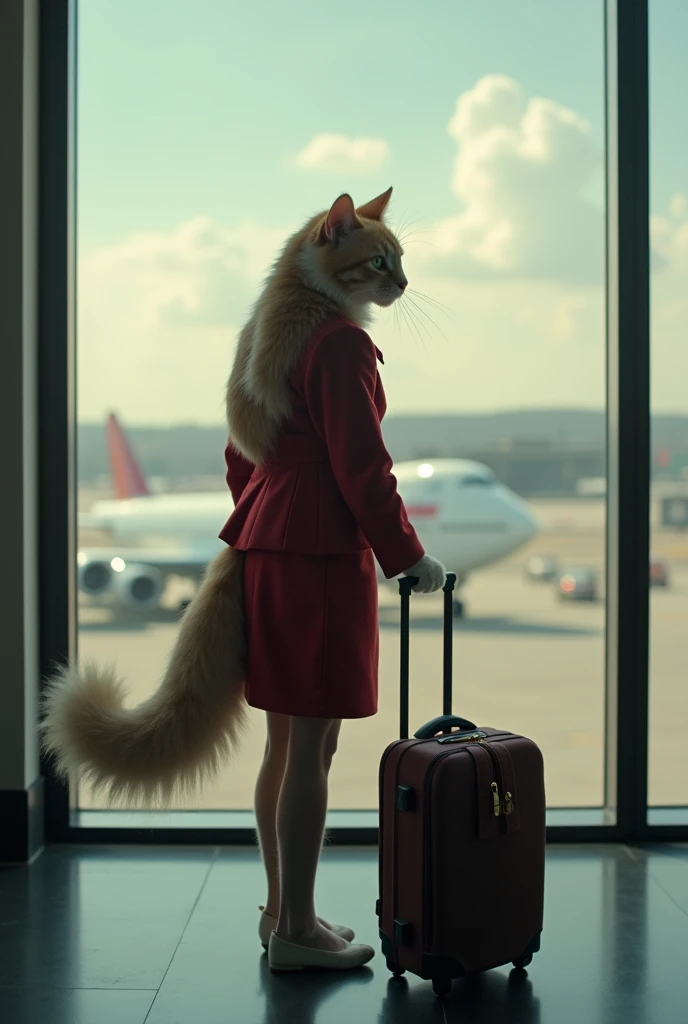 35mm lens，Multiple angles，漂亮的Cat，cute，Sexy，Personification，Back，side，silhouette，Overhead shot，Cat，Standing，doll，Airline stewardess，Trolley case，，AIRPORT，Airline stewardess， cloak,Ruan Jia,，Work clothes，tie, (Delicate face), (Fine fluffy fur)，（35mm Cinema L...