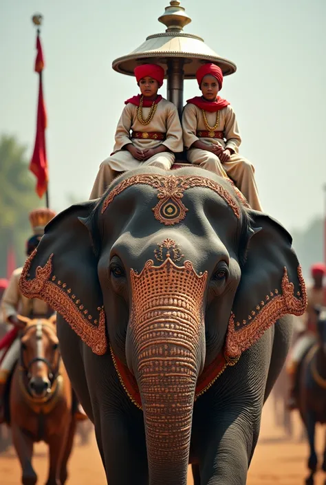 Two young male children of Tipu Sultan aged 7 and 10 wearing red cotton turbans and gown of the 18th century Indian costumes sitting on back of a gigantic elephant in a decorated silver Hooda. A old mahooth sitting on the head of the elephant is controllin...