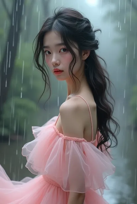 Beautiful girl with wavy long hair,Korean,aesthetic pink dress with rainy background 