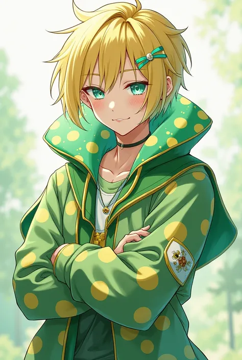 gender: Male Age: Hair color at age 15: Shiny blonde hairstyle:Cross your bangs to the right. Stand up some stray hairs on top. Dye the loose hair green.、The mesh is also green: Big and green、Mushroom-like contour: Cute boy clothes similar to women&#39;s: ...