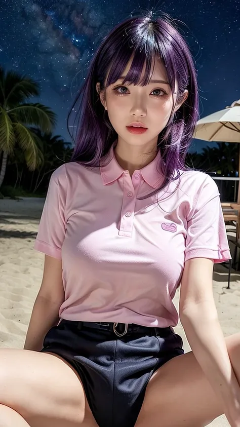 See-through pink polo shirt for office ladies、Erect nipples、Big Tits、Transparent OL shirt、panties、Seaside、Night Sky、Starry Sky、Beach、Pussy line、Bite、Spread your legs、Purple hair