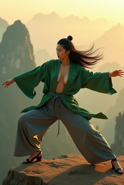 Birdseye view. beautiful woman, born Thai-korean as Tsunade Senju with a diamond mark on her forehead from the anime series “Naruto.” 30 years old at amidst Huangshan Mountain at sunset. dynamic martial arts on top cliff. she wears a green cardigan and  de...