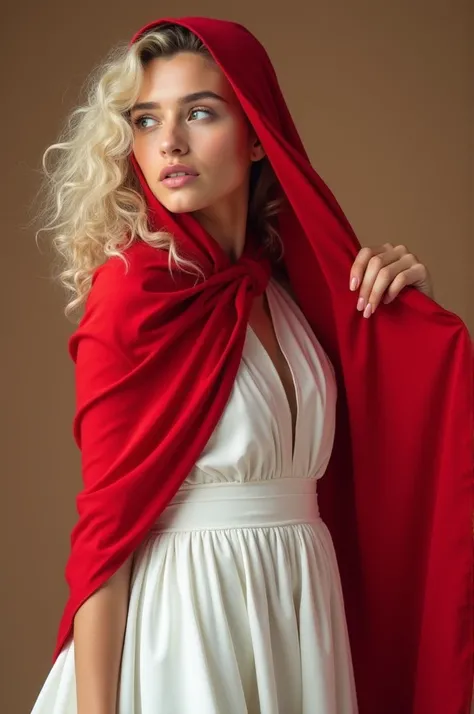 Fille aux cheveux clairs et ouverts tenant le drapeau du maroc devant avec une robe blanche et une écharpe rouge
