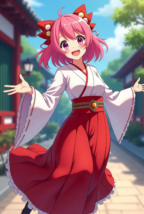 Anime Style　Pink Hair　Japanese　Miko costume　Open the chest　Red bellows skirt　Smile　Show your pants