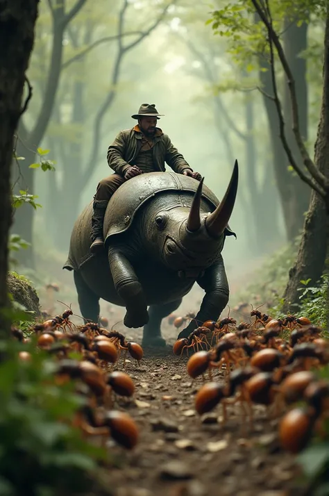 An army of humans riding ants fight a man riding a giant rhinoceros beetle in a forest 
