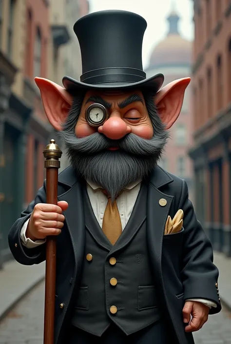 A dnd gnome in a suit from around the industrial revolution, Take off his gnome hat and put on a top hat, walking stick, y un anillo colocado en el mango del walking stick, The gnome has a mainly black beard with some grey hairs but well groomed, a pocket ...