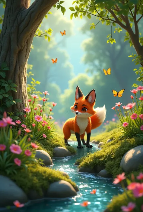     Discovery: Felix finds a hidden garden filled with vibrant flowers and sparkling streams. flex is fox 