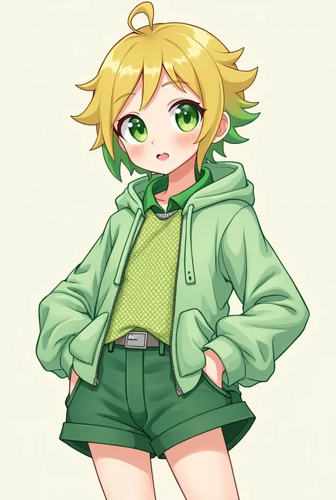 gender: man
age: Hair color at age 15: Shiny blonde hairstyle:Cross your bangs to the right. Stand up some stray hairs on top. Dye the loose hair green.、The mesh is also green: Big and green、Pupils are contoured into a crescent shape: Cute boy clothes simi...