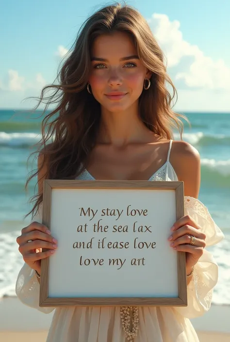 Beautiful girl with wavy long hair, bohemian dress, holding a white board with text "I Love Seaart Infinity" and showing it to the viewer