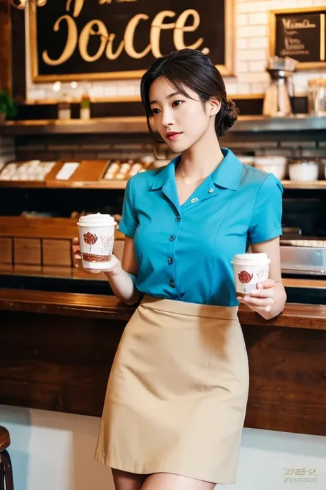 A beautiful girl is having a coffee in a vintage coffee shop, a gorgeous girl, a Korean supermodel, a Chinese supermodel, professional light, wearing an office dress, white shirt, blue skirt, A high resolution, perfect anatomy, one girl only, single girl, ...