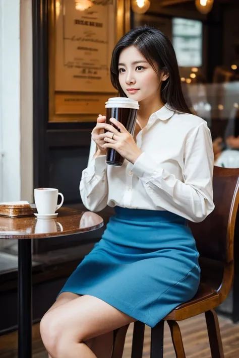 A beautiful girl is having a coffee in a vintage coffee shop, a gorgeous girl, a Korean supermodel, a Chinese supermodel, professional light, wearing an office dress, white shirt, blue skirt, A high resolution, perfect anatomy, one girl only, single girl, ...