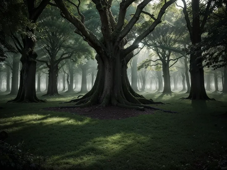 In the heart of a stygian regal forest, an ancient oak tree stands tall and twisted, its gnarled branches reaching out like skeletal fingers grasping at unseen specters. The tree, with its dark, moss-covered bark and jagged, twisted limbs, is the focal poi...