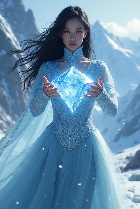 Beautiful woman with black hair, she has an glacier colored battle dress, she is in a background of glaciers and she has a diamond shaped magical ice in her hands