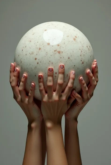 a sphere supported by several hands reaching up from the left and right corners