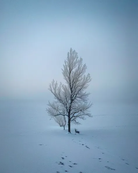 there is a la tree in the middle of a snow covered field, solitary独的树, The single tree, In the snowstorm, Trees in the background, solitary立, a tree, with a Trees in the background,  landscape, Pale as the first snow of winter, Sharp composition, This phot...