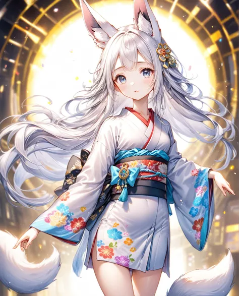 (Highest quality,8k,32K,masterpiece,Ultra-high resolution :1.2 ),born,One girl,Super cute,Natural light,Clear, shining eyes,20-year-old,Fair skin,Electronic world fantasy background,Silver Hair,Long Hair,Fox Ears,Bushy tail,Cute girl with,Wearing a kimono