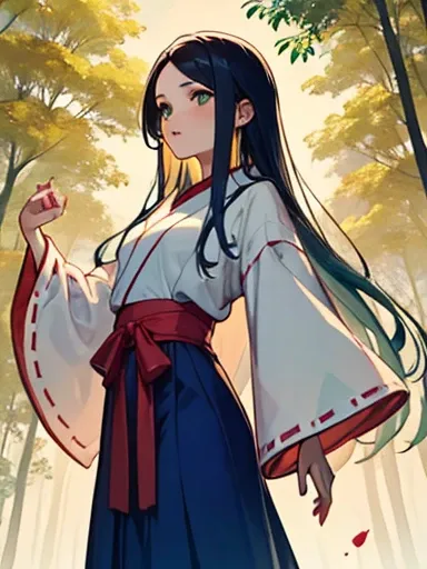 ((Highest quality)), ((masterpiece))、Small breasts are justice、Distant view、Two Priestesses、Dance、guide、(Blue and silver long hair、Blue-green eyes)、(Scarlet long hair、Orange eyes)、Miko costume、Hakama、morning haze、shrine