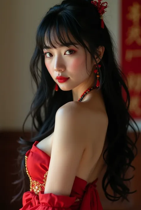 masterpiece, 1girl, solo , natural big breast, red eyes, black hair, naked , looking at viewer, back view, earrings, jewelry , stand pose, china dress, red lips, nail polish, bangs, red theme, lips, (disgust:1.3), 150mm lens, photography