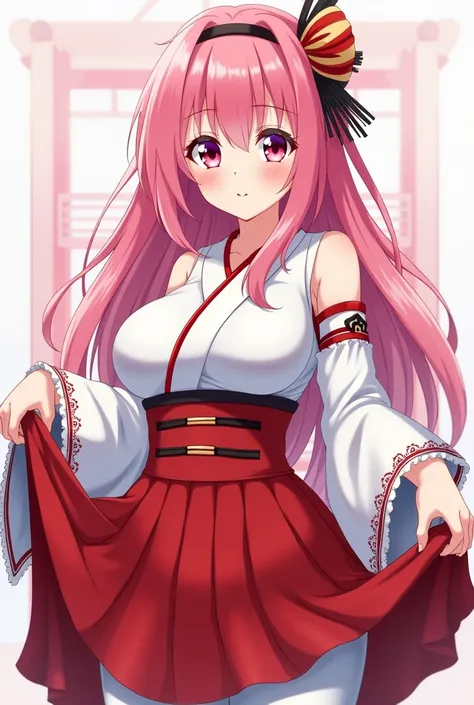 Anime Style　Pink Hair　Straight Hair　Japanese　Miko costume　Open the chest　Show your boobs　Big Breasts　Red bellows skirt　Smile　blush　Tuck up your skirt　Showing off white pants　Overall image