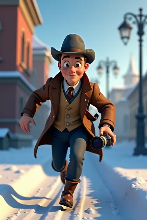 Pixar style, animation, 3d, journalist, 1900s, Russia, snow background, journey, camera, 30s age, adventure, running , movie poster, high quality, running face expression, vantage camera on his hand, full body shows. Disney, running from gangsters.