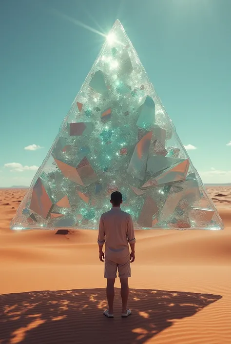 a man stands in the desert with a large object, full of glass. cgsociety, magic crystals, still from the film, inspired by Louis Mathieu Verdillian, trance DJ album cover, schism, triangle fragments, cinematic flare, connectivity, [ fragments, 4 dimensions