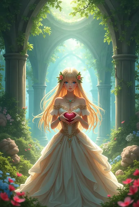 a very pretty girl, holding a heart, and is in an amazing hall filled with trees and flowers, anastasia (fate), 1girl, long hair, dress, blue eyes, breasts, jewelry, looking at viewer