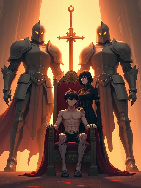 A boy slouching back on the throne with wide spread legs and sitting like a king and with an arrogant attitude he has black hair and red glowing eyes and a queen stands next to him touching his shoulder as the center piece,  Giant full armoured dead knight...