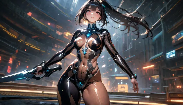 Raven from stellar balde, 1 woman，masterpiece, 8K quality, Sexy sci-fi girl,dynamic sexual pose, black hair, Ponytail, shiny tight blue-black bodysuit, cyberpunk, Amateur photographer, korean facial features, subsurface scattering, granularity, Very detail...