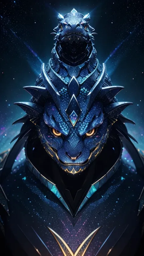 Cosmic Dragon Emperor: "Create a 3D illustration of a majestic dragon’s head, glowing with the power of a distant galaxy. The dragon’s scales should be made of iridescent metal, with constellations and star patterns etched into them. Its eyes should glow l...