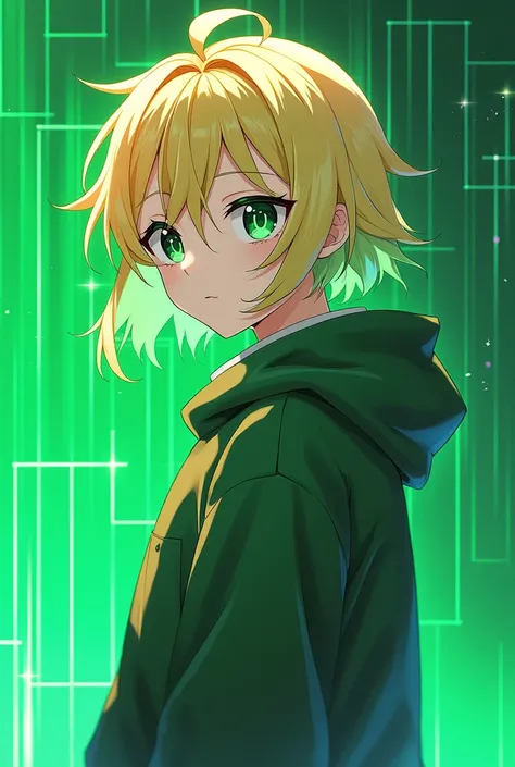 gender: man
age: Hair color at age 15: Shiny blonde hairstyle:Cross your bangs to the right。The back hair is a boy&#39;s, with a stray hair on top, and the hair is dyed green.、The mesh is also green: Big and green、Pupils are contoured into a crescent shape...