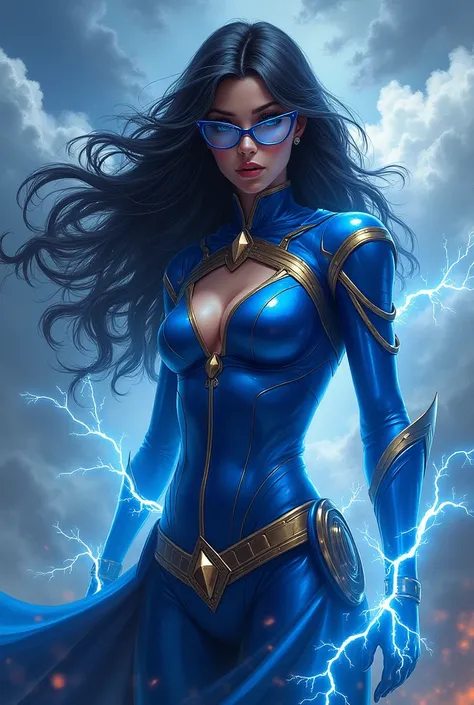 Beautiful woman with black hair, she wears blue battle clothes surrounded with electric, she wears eyeglass, she has thunder powers, she is in clouds with thunder