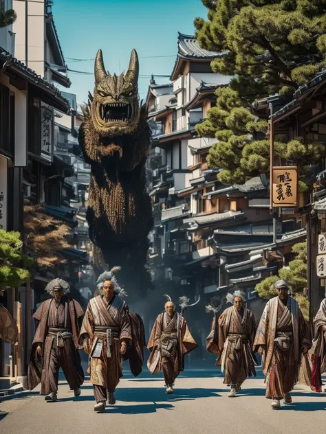 Otherworldly monsters, three big faces, 80 meters, walking through a Japanese town, ((masterpiece, highest quality, 8K))