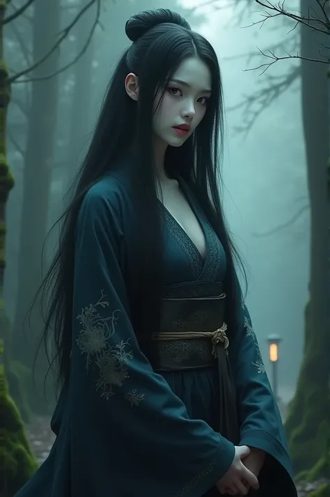 “A realistic depiction of a Japanese-style goddess, exuding both eerie beauty and an unsettling presence. She is an elegant, ethereal figure with pale, flawless skin and long, flowing black hair that seems to blend with the shadows around her. Her kimono i...