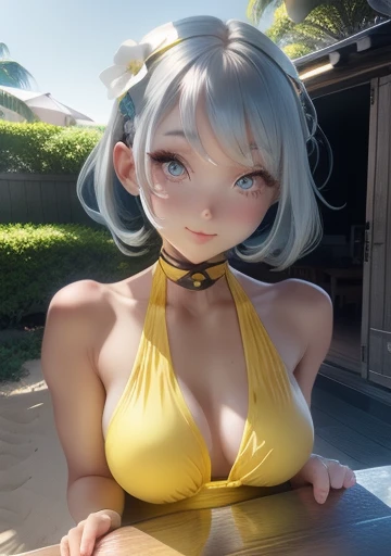 girl、、Yellow swimsuit、whole body。blue eyes、Gray Hair、、Seductive pose、front、、Outdoor、garden、Beach、