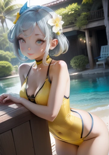 girl、、Yellow swimsuit、whole body。blue eyes、Gray Hair、、Seductive pose、front、、Outdoor、garden、Beach、