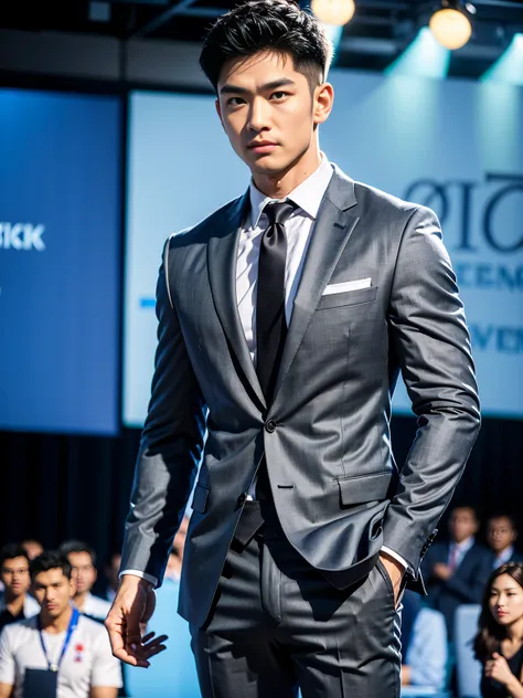 masterpiece, bestquality, High Quality, extremely detailed cg unity 8k wallpaper, Depth of Field, HDR,,photorealistic portrait,Very detailed, 1 man, asian, Short black hair (wearing a gray suit), Pectoral muscles, Big arm muscles, blood vessel, Big muscles...