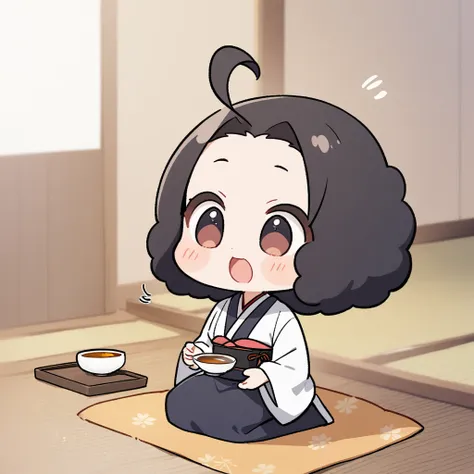 a girl with an afro in a kimono sits in seiza position、offering japanese tea、chibi character、ahoge、black hair、yurukawa