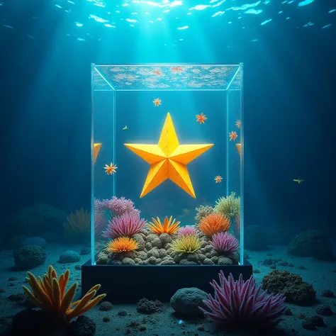 A glass box locking a star suspended underwater in a tropical ocean with flowers of various colors suspended around it, coral reefs, clear ocean, neonlight, fog