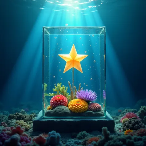 A glass box locking a star suspended underwater in a tropical ocean with flowers of various colors suspended around it, coral reefs, clear ocean, neonlight, fog