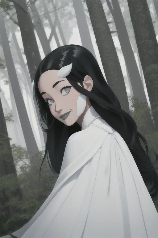 Tinya Wazzo, solo,black hair, long hair. grey eyes, smile, grey lips, white cape, best quality, masterpiece, 1girl, Masterpiece, Best Quality, Detail, forest, From Behind, From Below, 