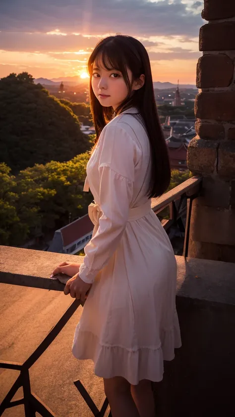 Sunset from the tower of an old castle Japanese girl in her 20s