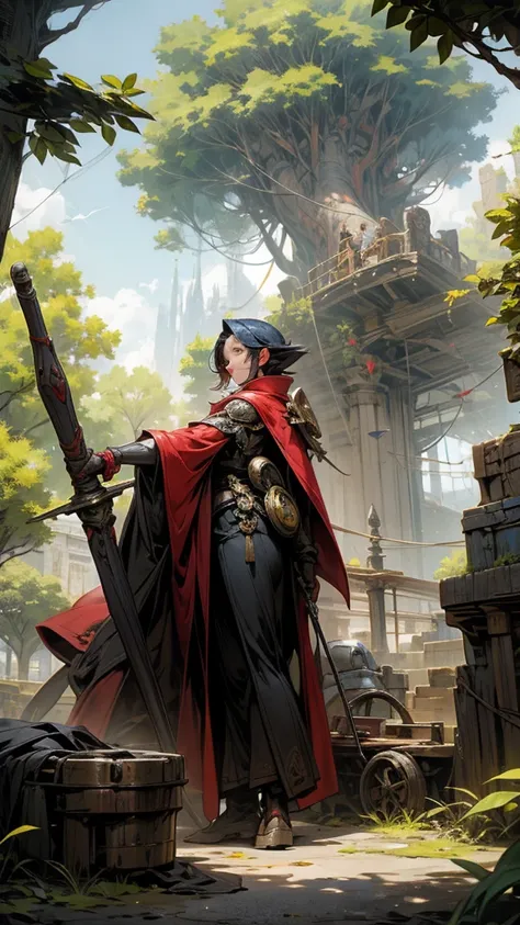 Fantasy world. Colorful and sunny day. We see a Big tree that sprouted from an old rusty combat robot. In front of the tree sits a silhouette of a young sorceress in a red robe with a staff