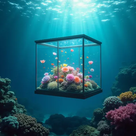 A glass box locking a dream suspended underwater in a tropical ocean with flowers of various colors suspended around it, coral reefs, clear ocean, neon-light, fog